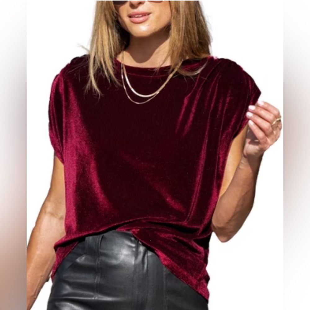 Wishlist Maroon Oversized Crushed Velvet Wine Red Short Sleeve Blouse
